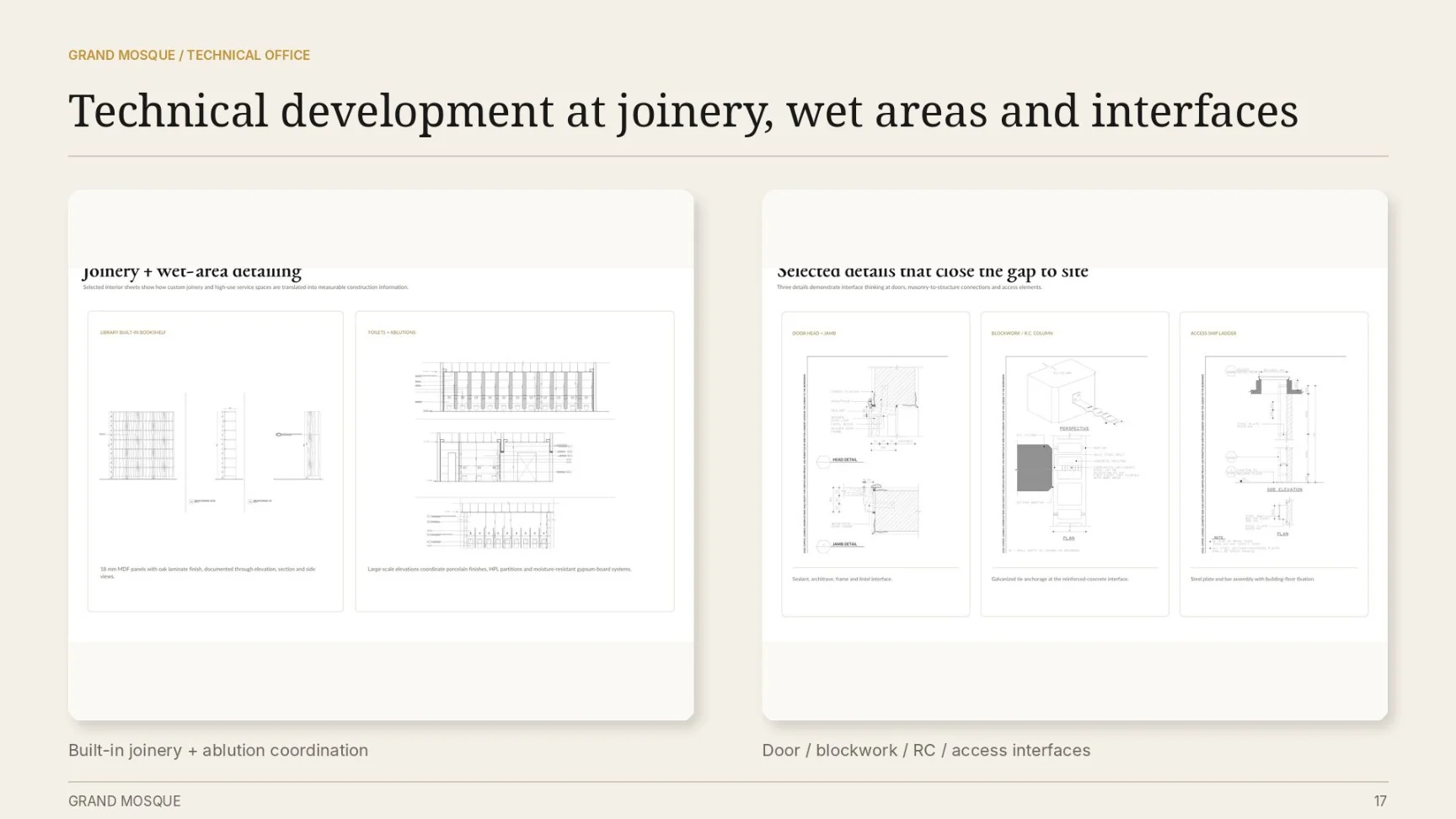 Grand Mosque construction details and technical development sheets reproduced from the corporate portfolio